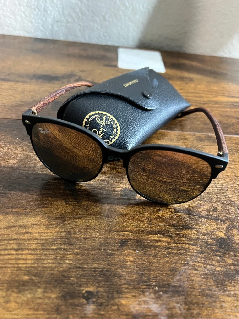 Ray-Ban Black Frame Sunglasses with Brown Lenses and Wood-Effect Temples